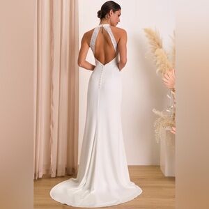 NWT lulus White Satin Backless lace Halter Wedding Formal Gown Large